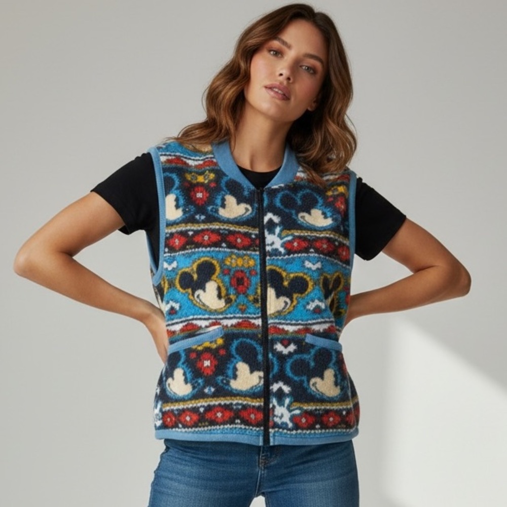 Vintage Disney Mickey Mouse Fleece Vest Women’s Retro Zip-Up Southwest Medium‎